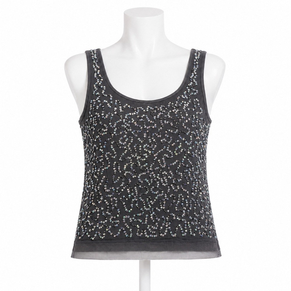 Forever 21 Sequin Crop Tank Top Small Gray Y2K Mesh Overlay Iridescent Shimmer - Picture 1 of 9